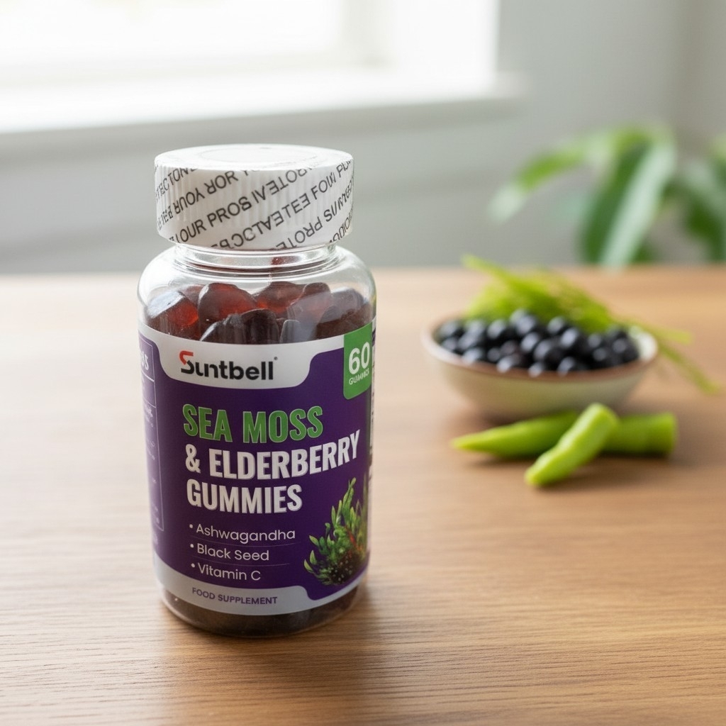 Product photo of Sea Moss & Elderberry Gummies, gummy supplement bottle