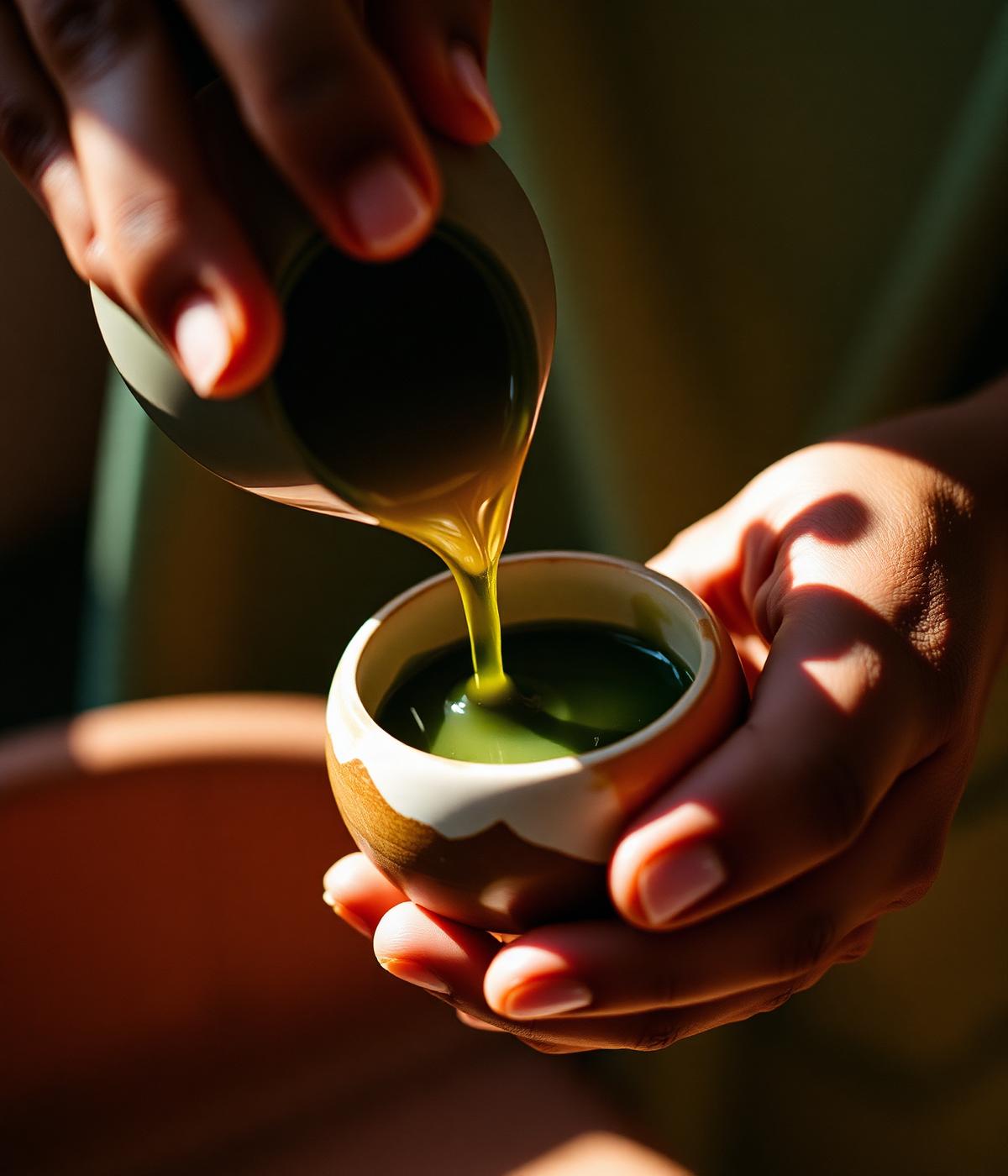 Hands pouring a wellness elixir into a ceramic vessel