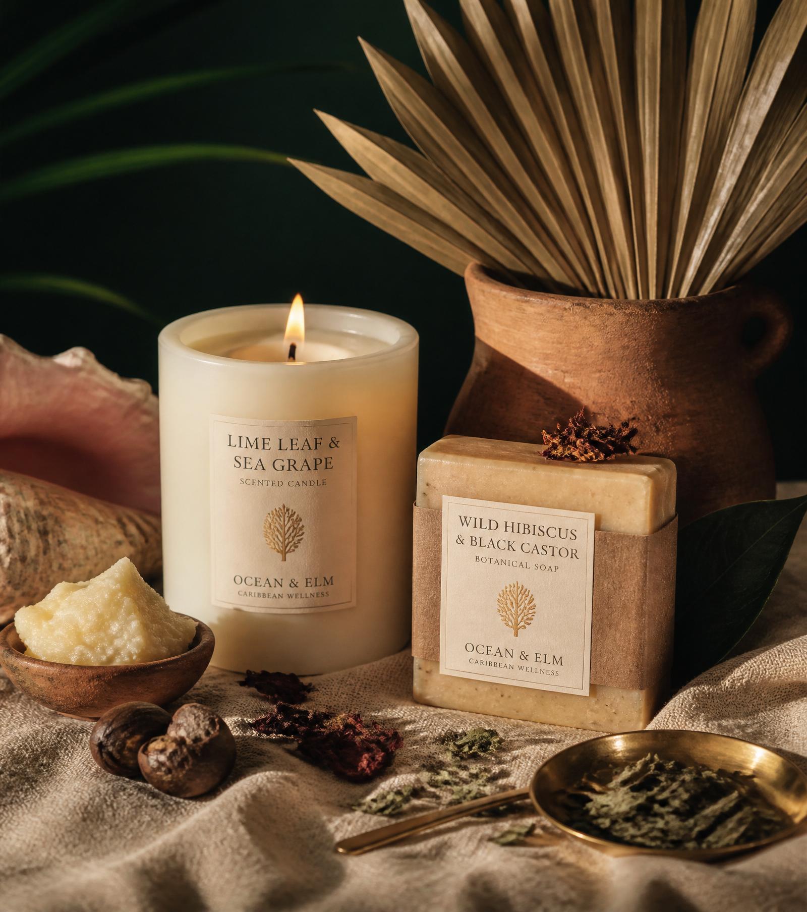 Haitian wellness products on warm linen